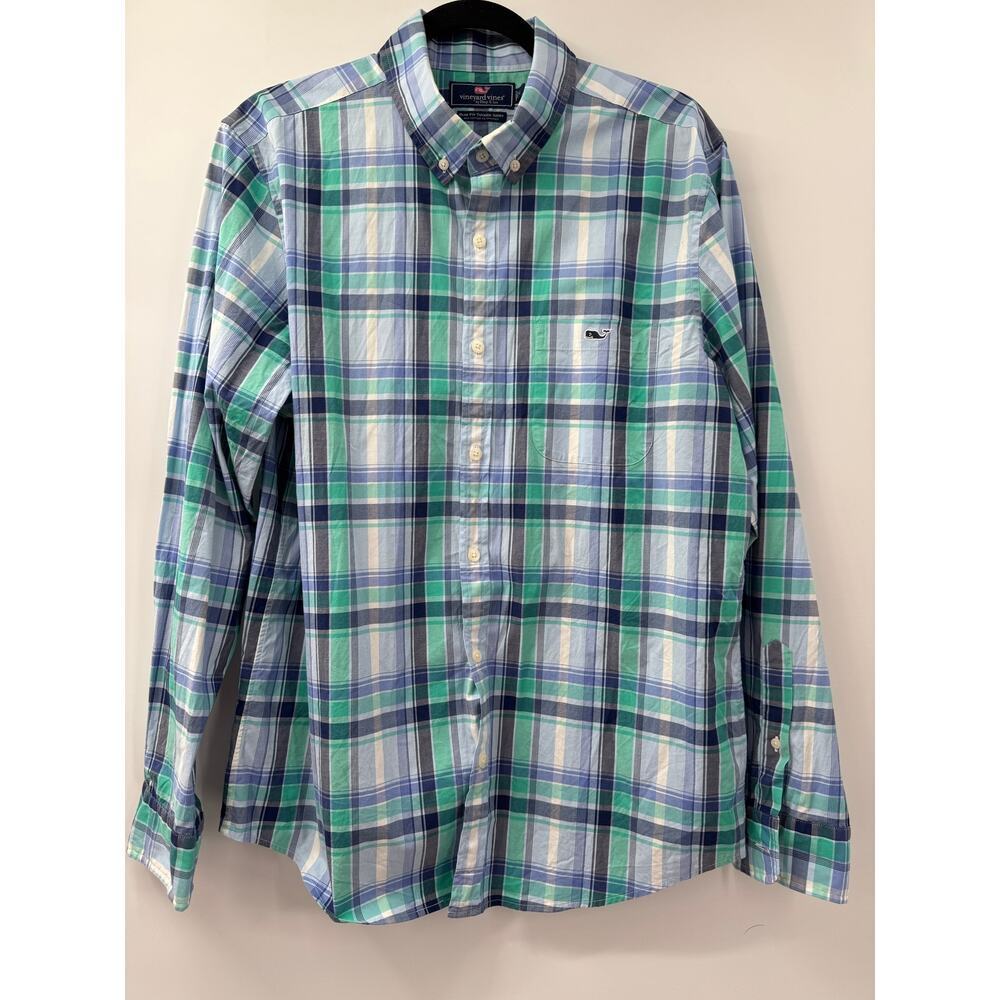 Vineyard Vines Slim Fit Tucker Shirt Blue/Green Plaid‎ Long Sleeve Men's Size L